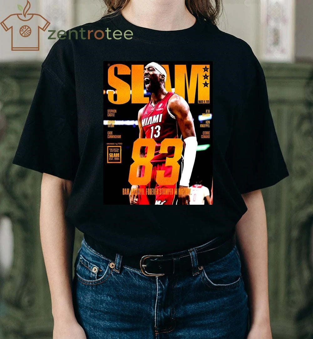 Nice Bam Adebayo Miami Heat On The Cover Of Slam 261 83 Points Forever Stamped In History Orange Metal tee