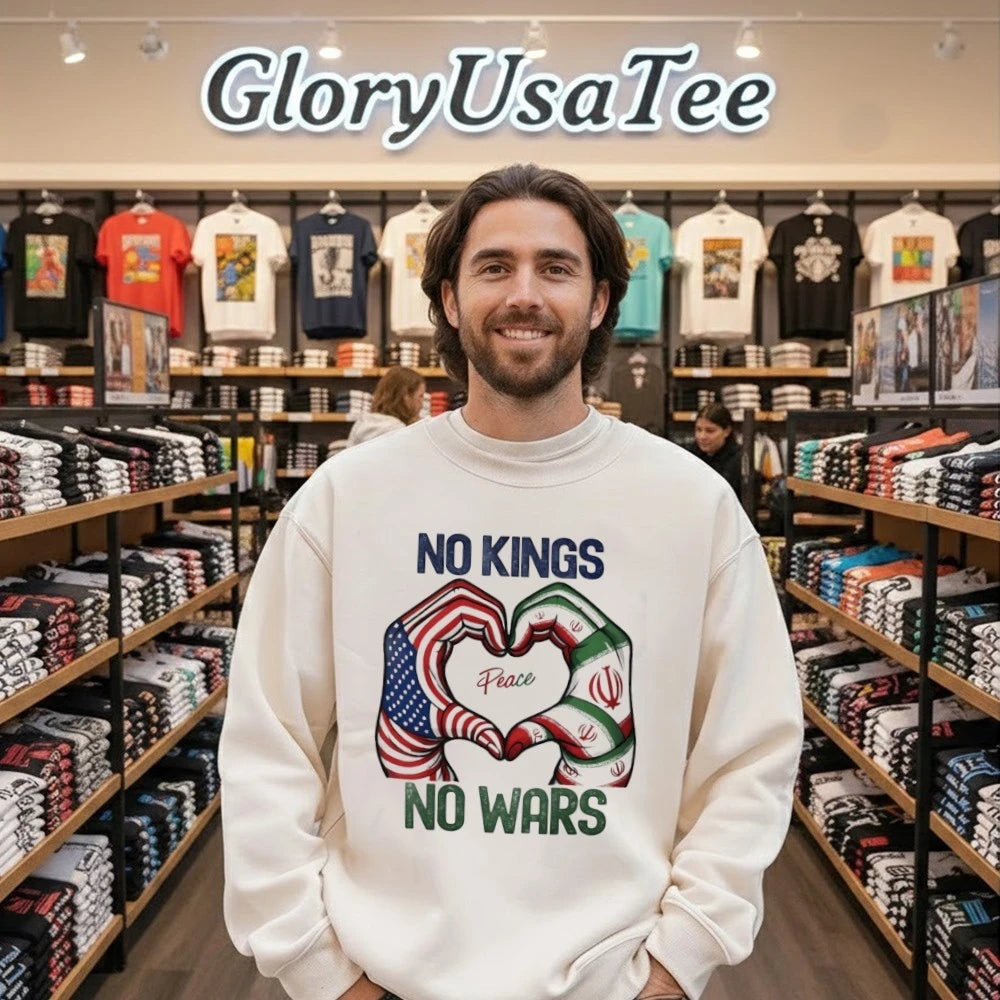 No Kings No Wars USA &amp; Iran Peace Heart Hands Graphic Shirt