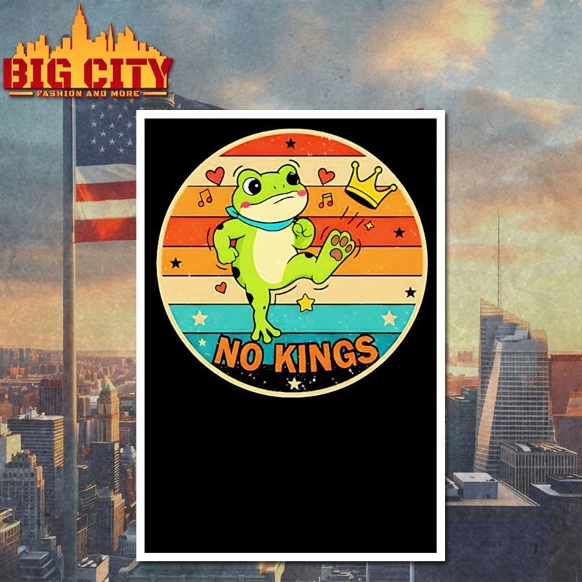 No Kings Retro Frog Funny Quote Empowerment Humor Vintage Style Art Oversized Shirt
