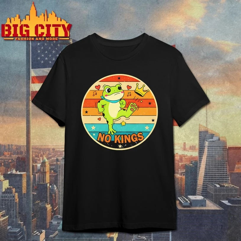 No Kings Retro Frog Funny Quote Empowerment Humor Vintage Style Art Oversized Shirt