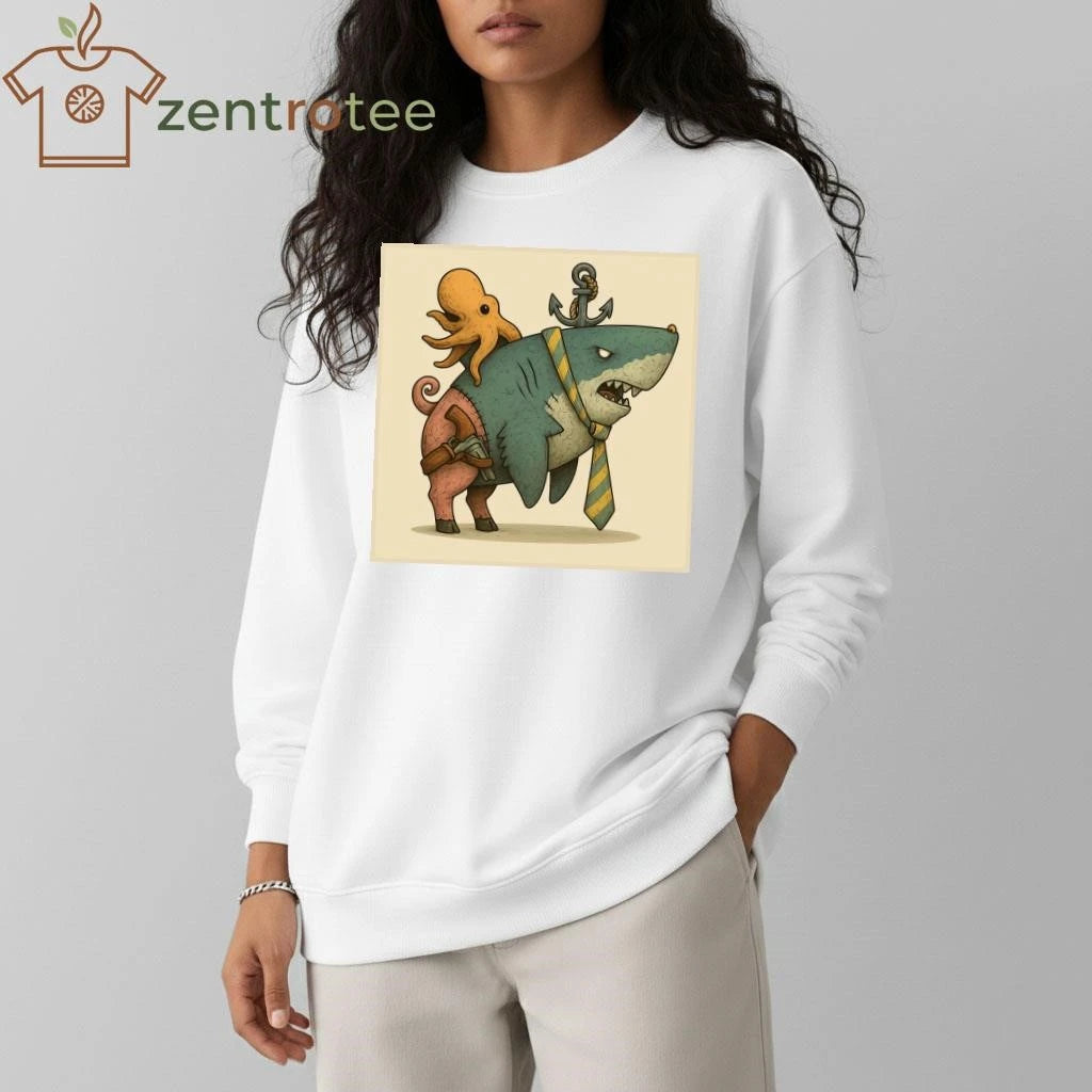 Octopus ride a fictional creature that combines the features of a pig and a shark tee