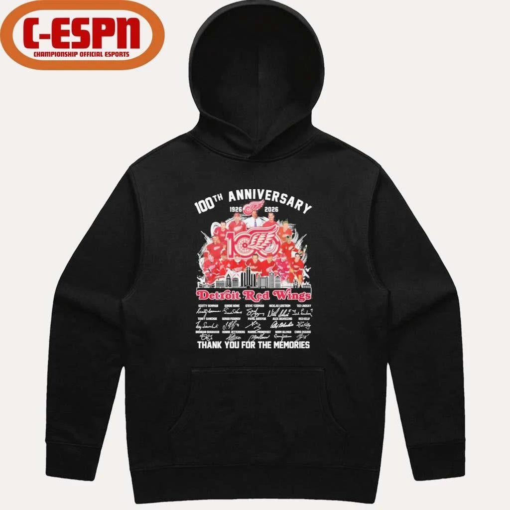 Official 100th Anniversary 1926-2026 Detroit Red Wings Team Hockey Signatures Shirt