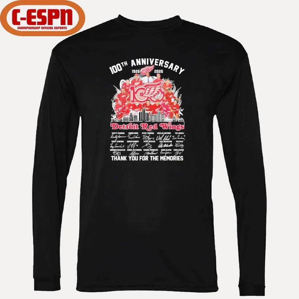 Official 100th Anniversary 1926-2026 Detroit Red Wings Team Hockey Signatures Shirt