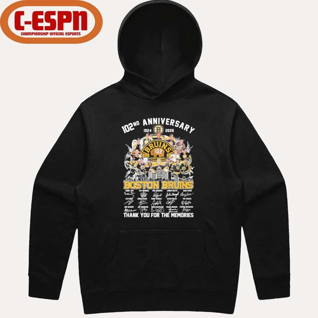 Official 102nd Anniversary 1924-2026 Boston Bruins Team Hockey Signatures Shirt