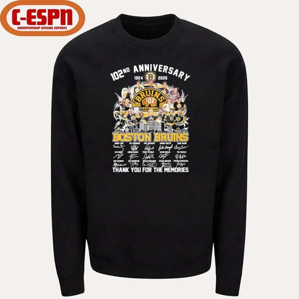 Official 102nd Anniversary 1924-2026 Boston Bruins Team Hockey Signatures Shirt