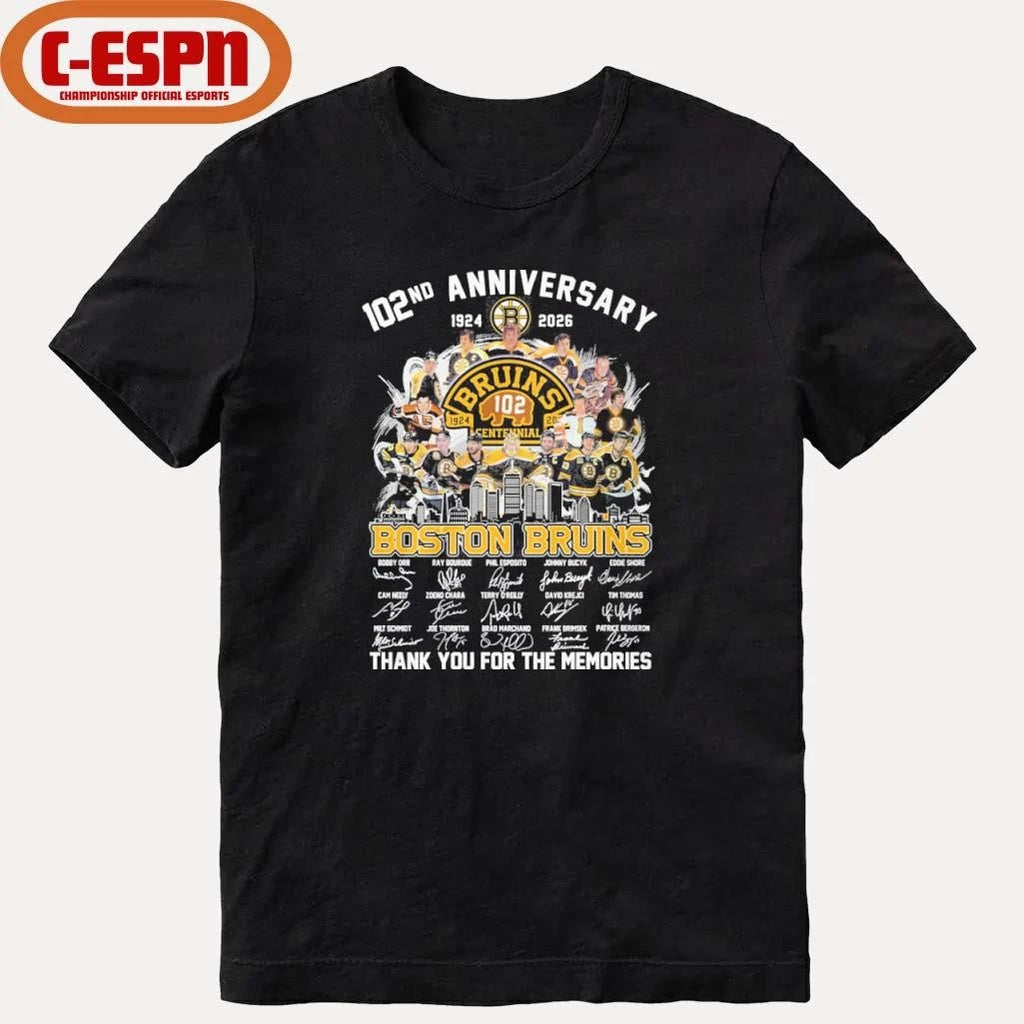 Official 102nd Anniversary 1924-2026 Boston Bruins Team Hockey Signatures Shirt