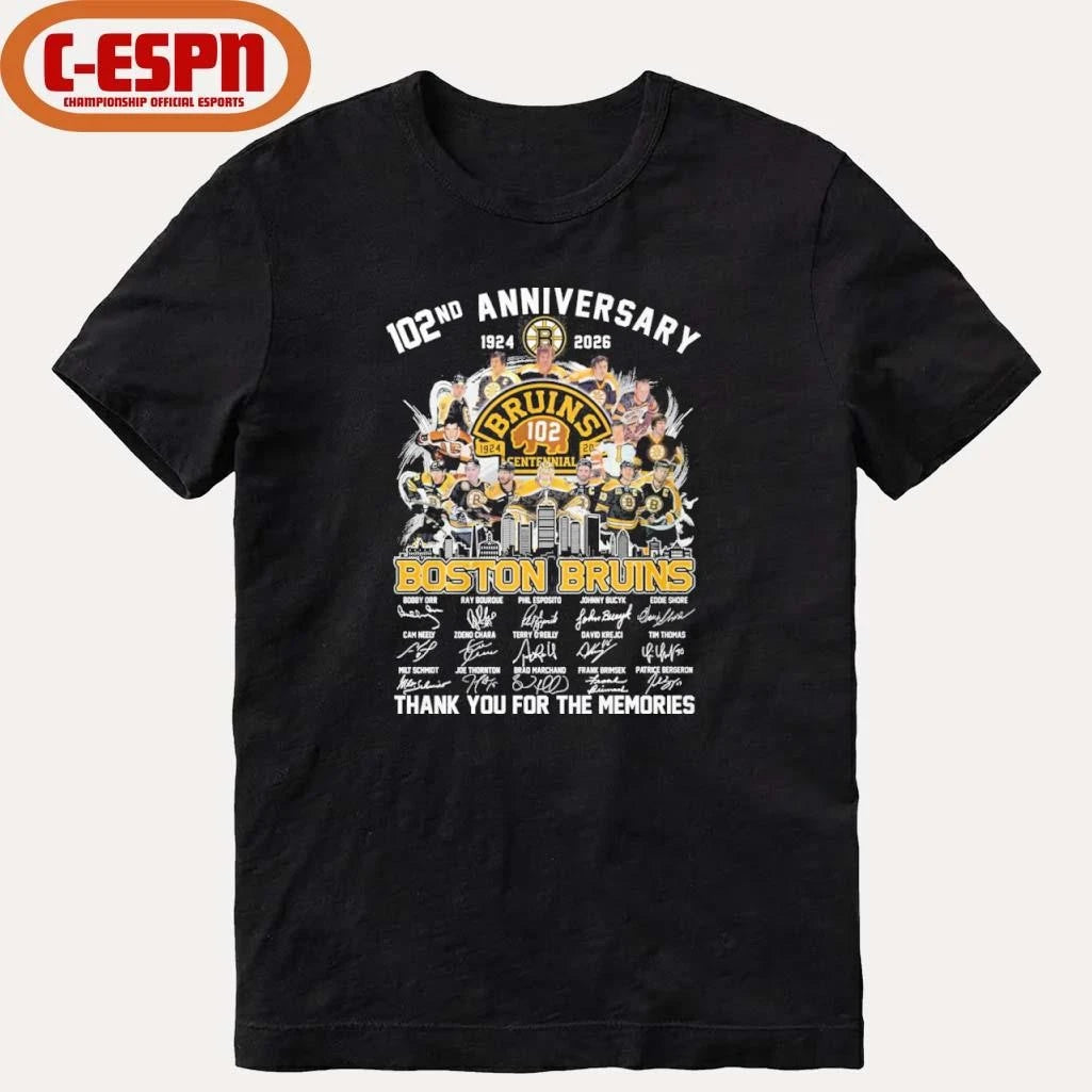 Official 102nd Anniversary 1924-2026 Boston Bruins Team Hockey Signatures Shirt
