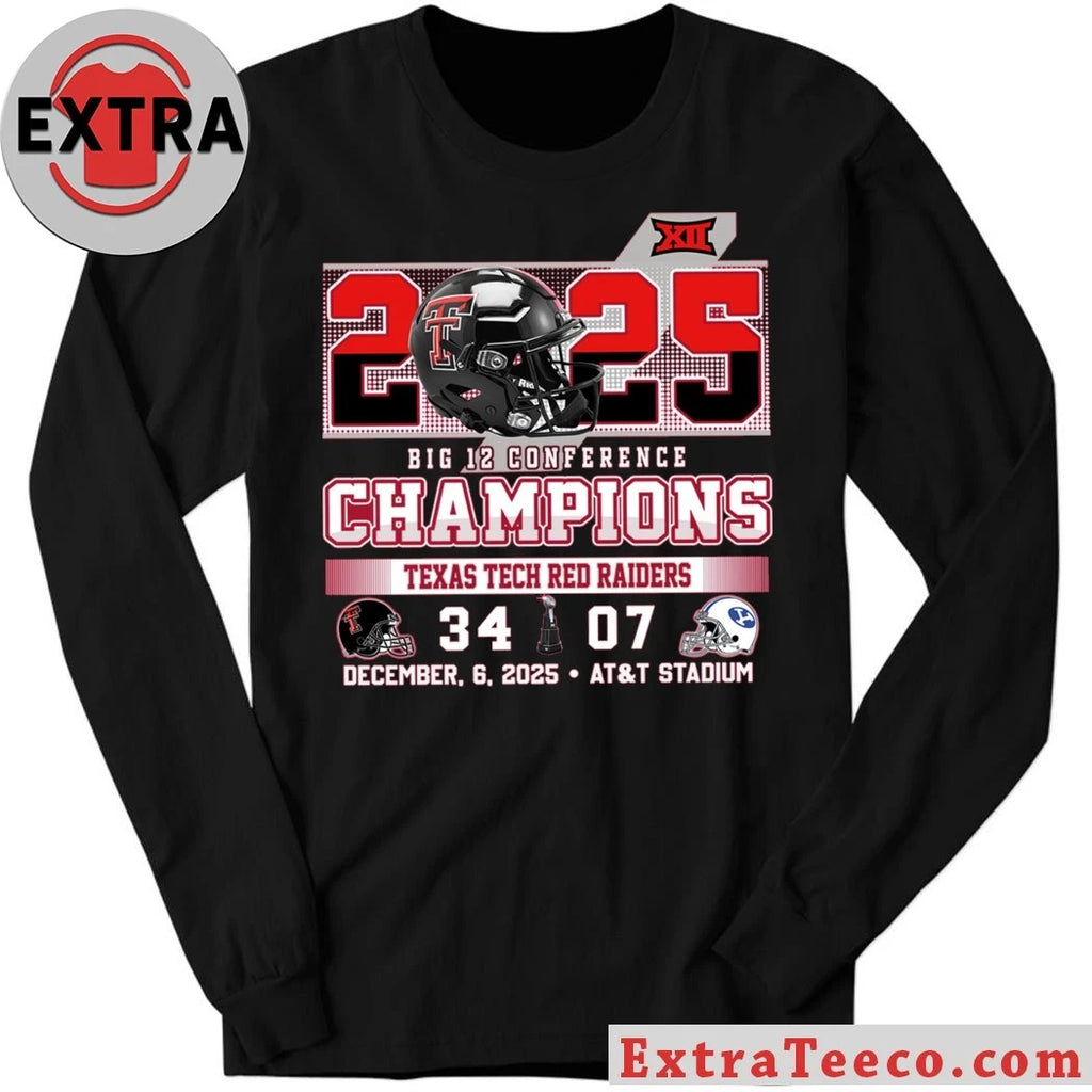 Official 2025 Big 12 Conference Champions Texas Tech Red Raiders 34 BYU 07 December 6 2025 AT&amp;T Stadium Helmet And Logo Shirt
