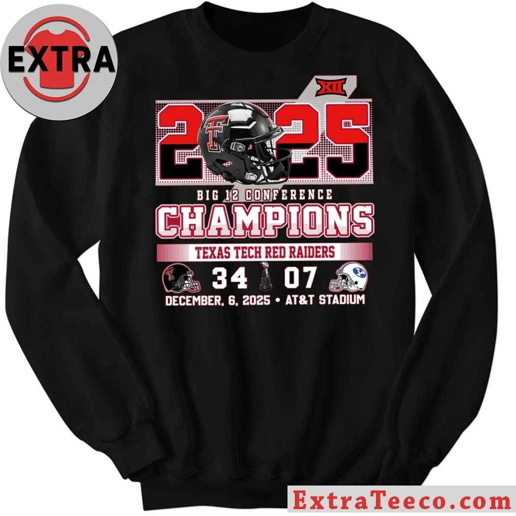 Official 2025 Big 12 Conference Champions Texas Tech Red Raiders 34 BYU 07 December 6 2025 AT&amp;T Stadium Helmet And Logo Shirt