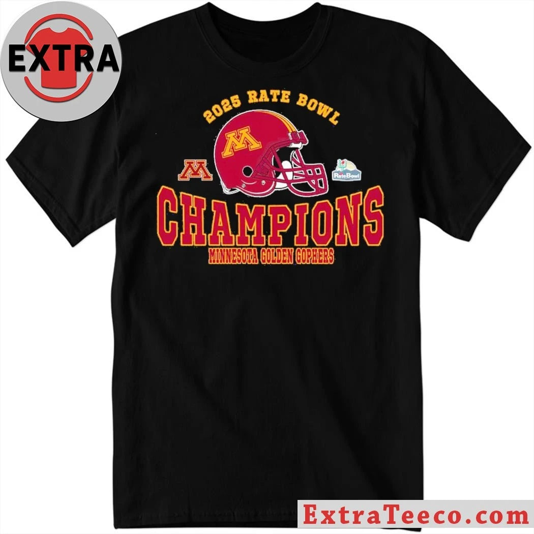 Official 2025 Rate Bowl Champions Minnesota Golden Gophers Football Champions 2025 Rate Bowl Helmet And Logo T-Shirt