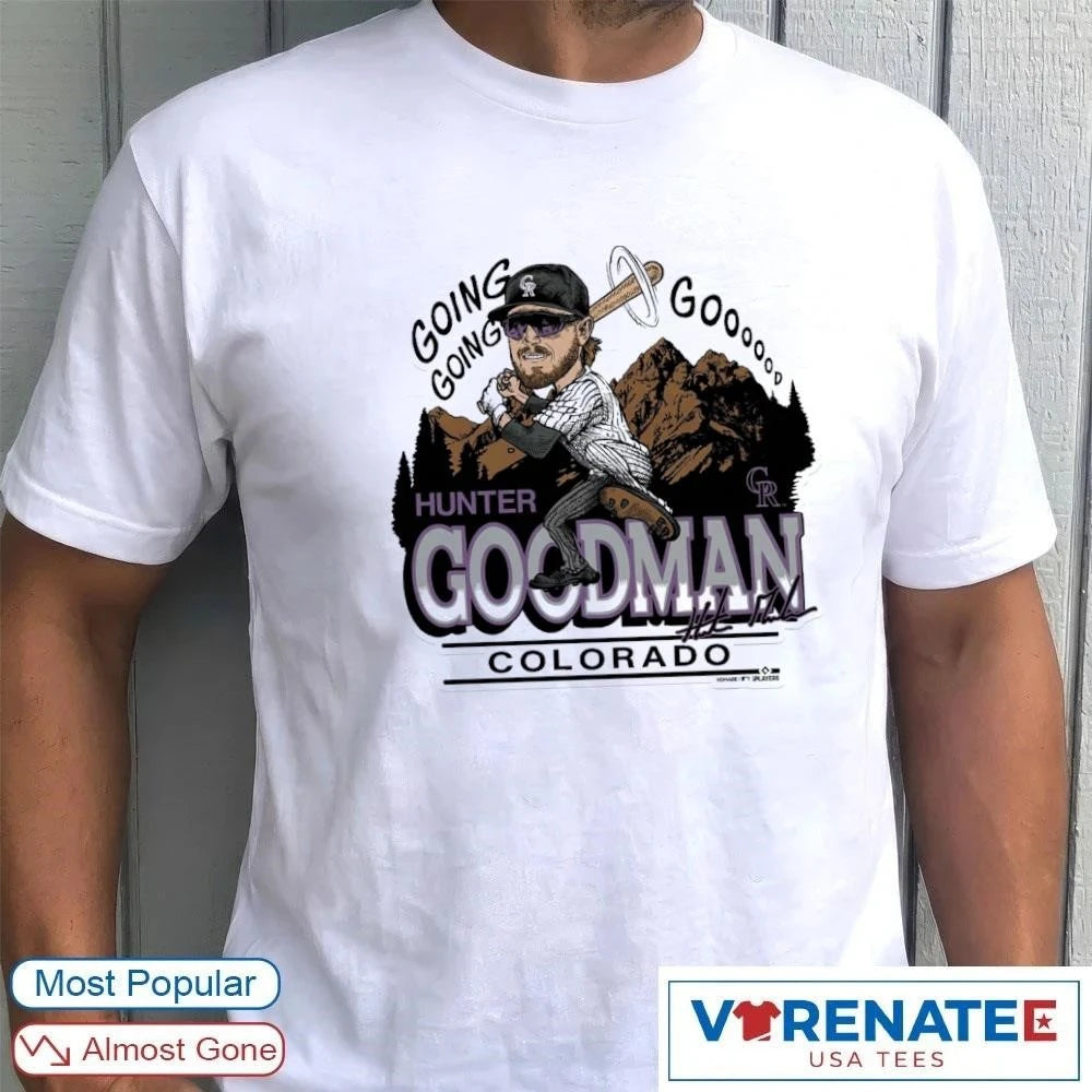 Official 2026 Colorado Rockies Hunter Goodman Going Go Signature Caricature Homage T-Shirt