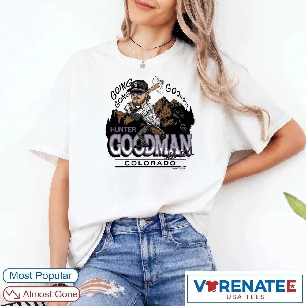 Official 2026 Colorado Rockies Hunter Goodman Going Go Signature Caricature Homage T-Shirt