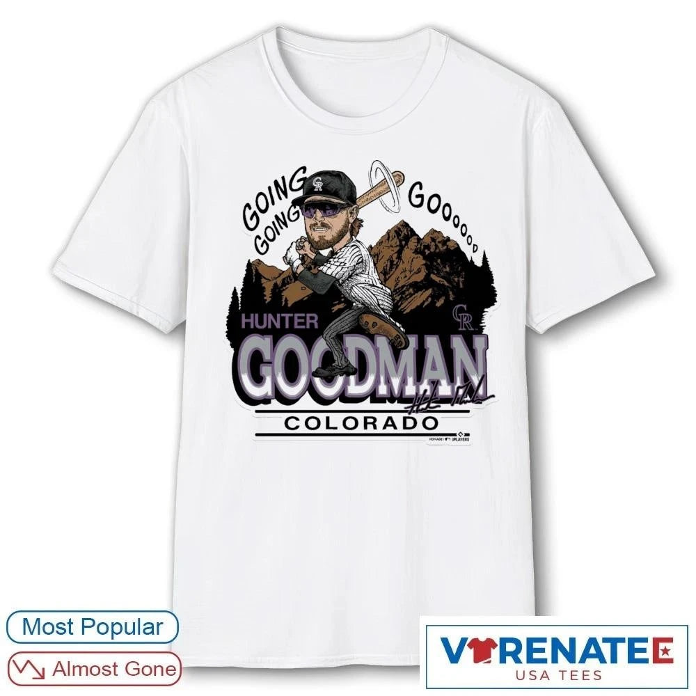 Official 2026 Colorado Rockies Hunter Goodman Going Go Signature Caricature Homage T-Shirt