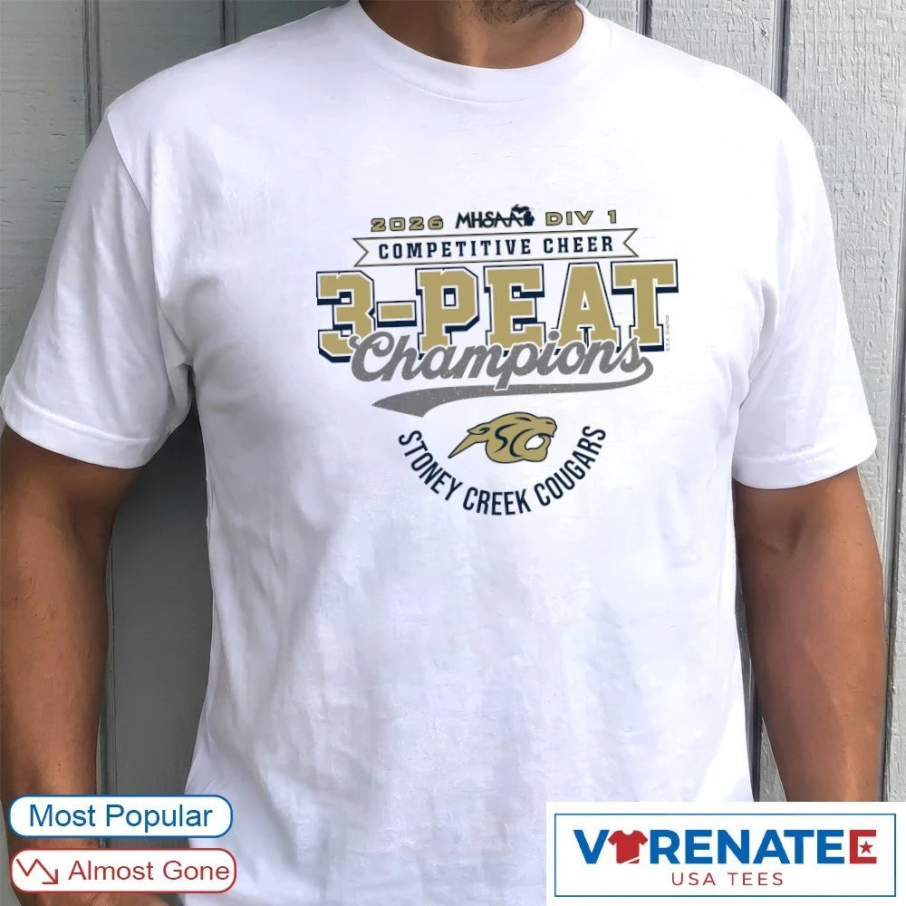 Official 2026 Stoney Creek Cougars MHSAA Competitive Cheer 3-Peat Finals Championships Logo T-Shirt