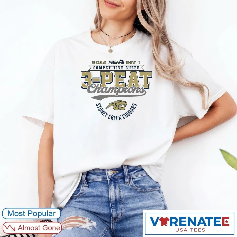Official 2026 Stoney Creek Cougars MHSAA Competitive Cheer 3-Peat Finals Championships Logo T-Shirt