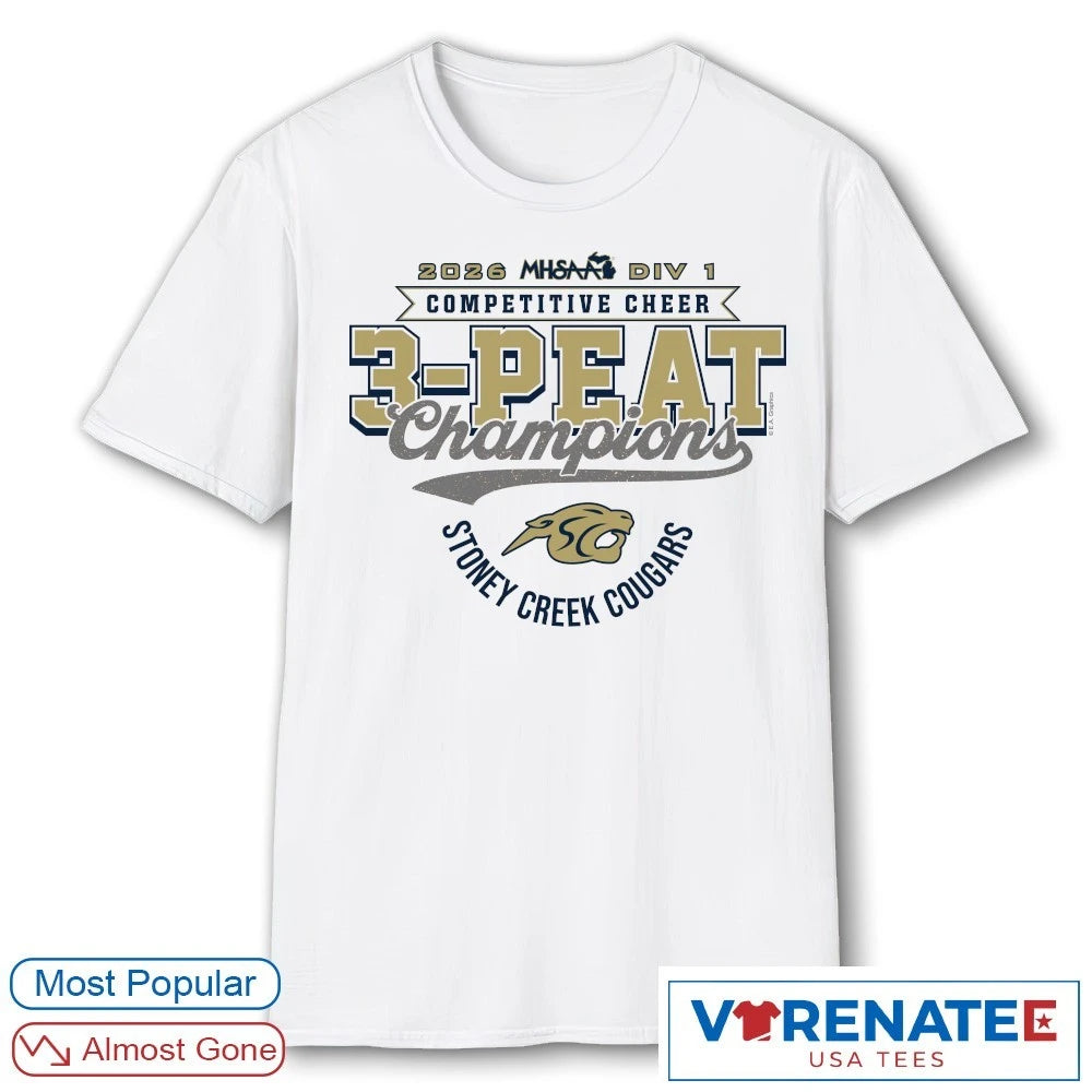Official 2026 Stoney Creek Cougars MHSAA Competitive Cheer 3-Peat Finals Championships Logo T-Shirt