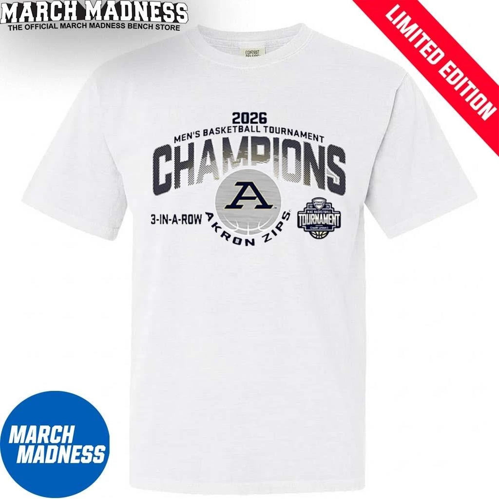 Official Akron Zips 2026 MAC Men’s Basketball Tournament Champions 3-In-A-Row T-Shirt