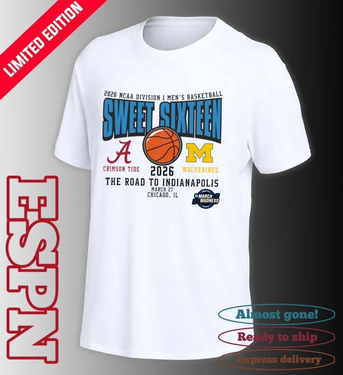 Official Alabama Vs Michigan 2026 NCAA DI Men’s Basketball Tournament Sweet Sixteen T-Shirt