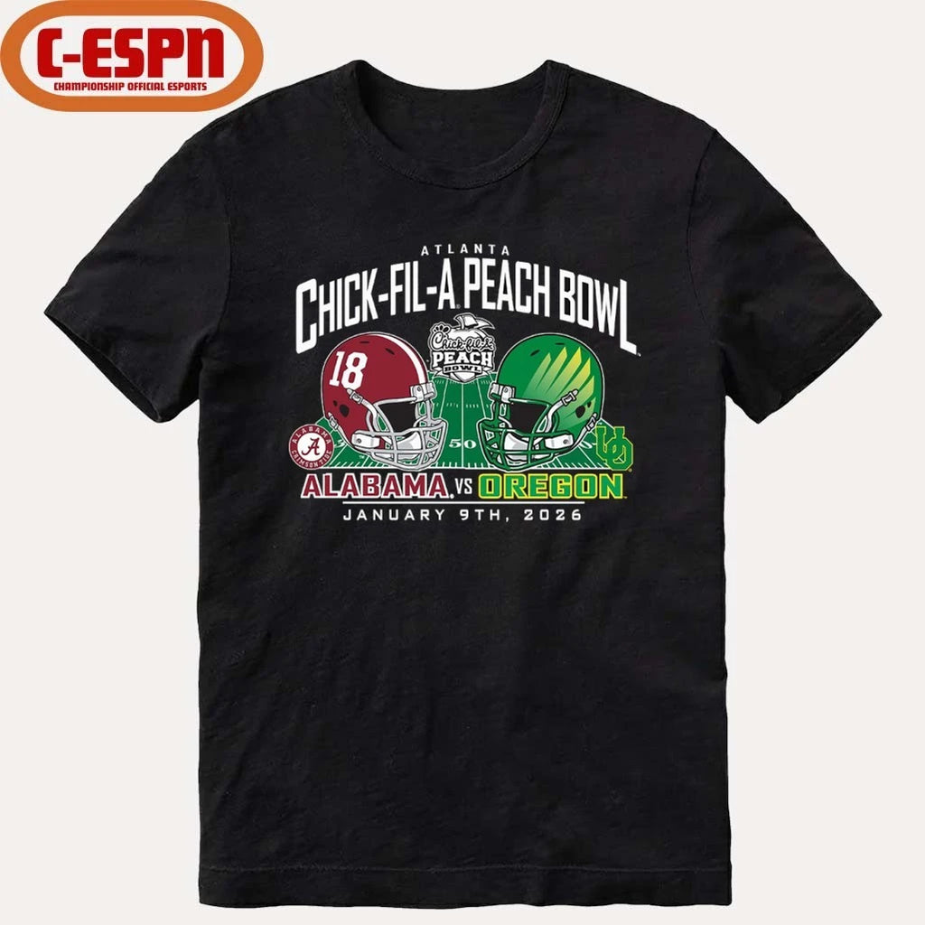 Official Alabama Vs Oregon 2026 CFP Semifinal Peach Bowl Helmet Matchup T-Shirt