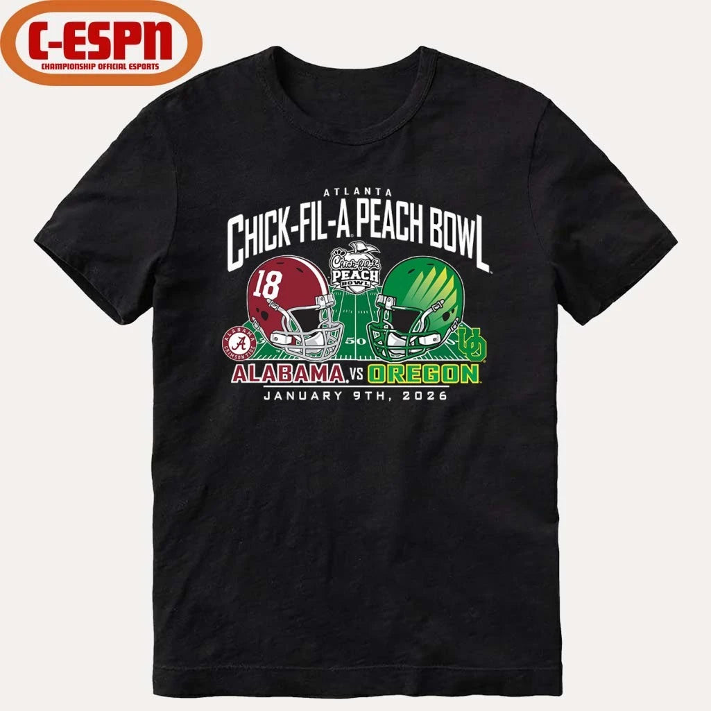 Official Alabama Vs Oregon 2026 CFP Semifinal Peach Bowl Helmet Matchup T-Shirt