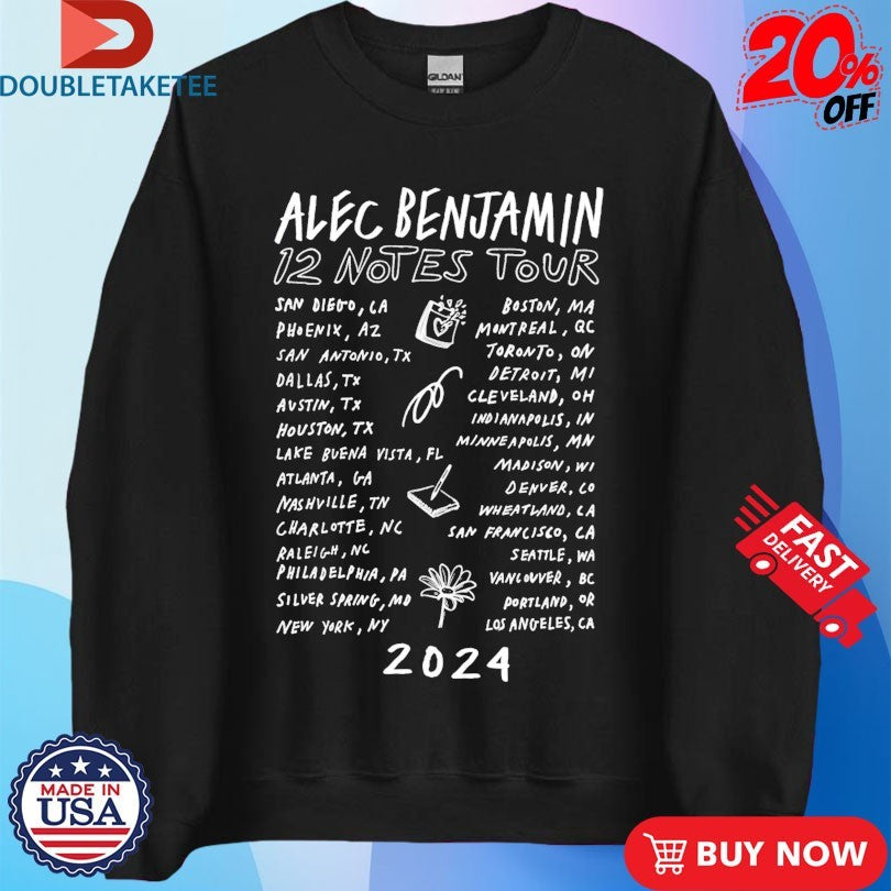 Official Alec Benjamin 12 Notes Tour 2024 Dates Shirts
