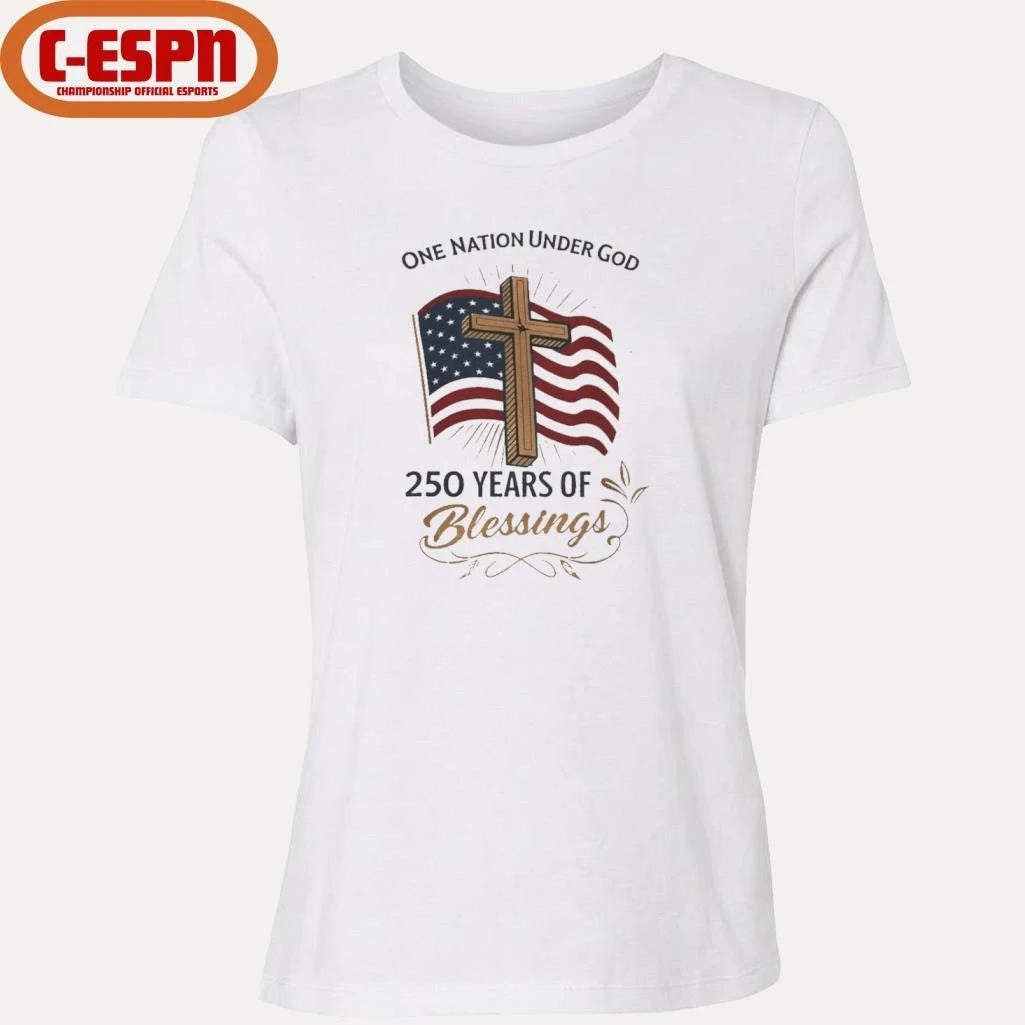Official America 250 Years of Blessings One Nation Under God Flag &amp; Cross Patriotic T-Shirt