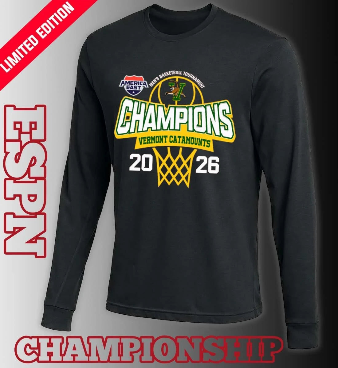Official America East Conference Men’s Basketball Tournament 2026 Champions Vermont Catamounts T-Shirt