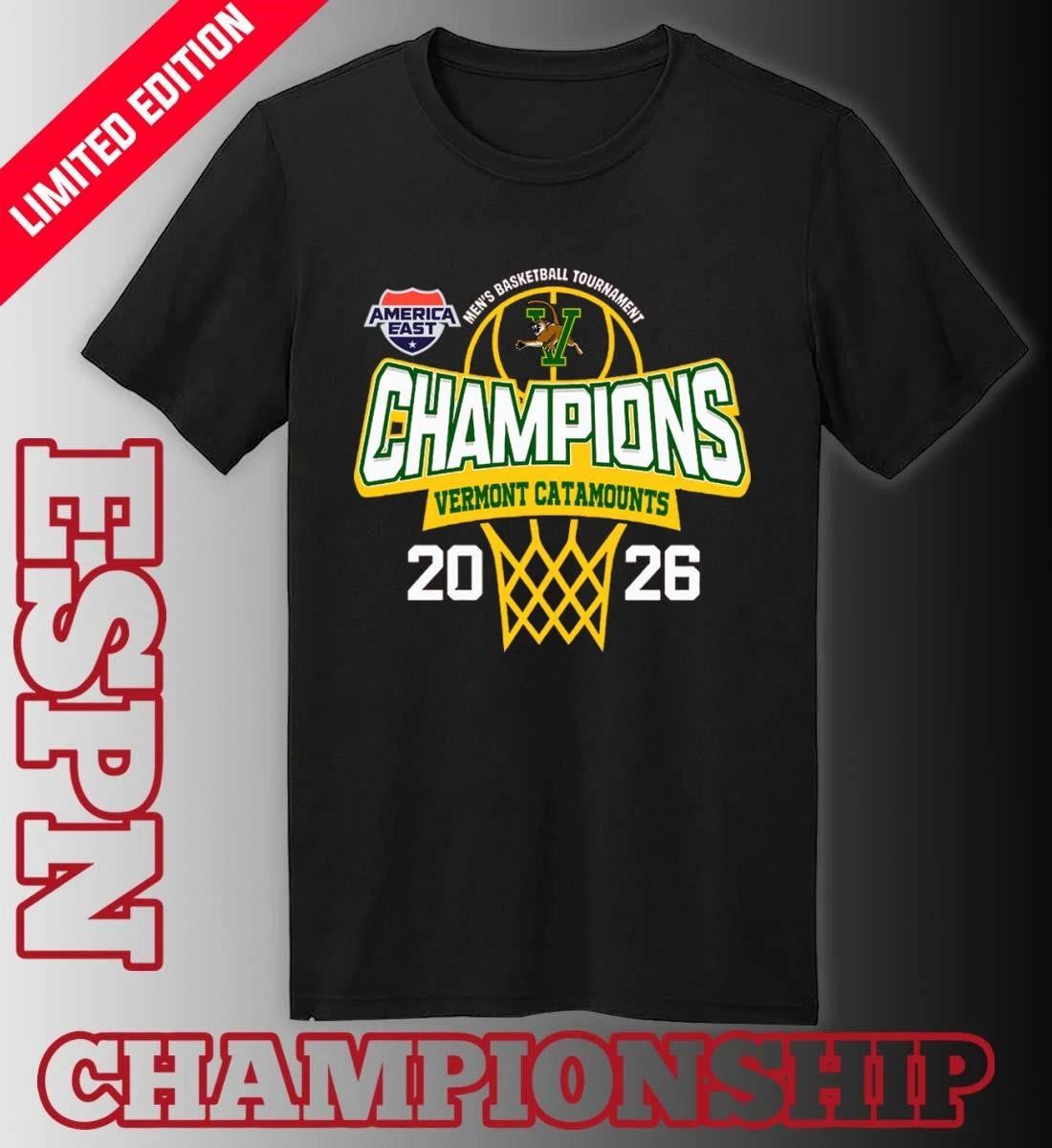 Official America East Conference Men’s Basketball Tournament 2026 Champions Vermont Catamounts T-Shirt