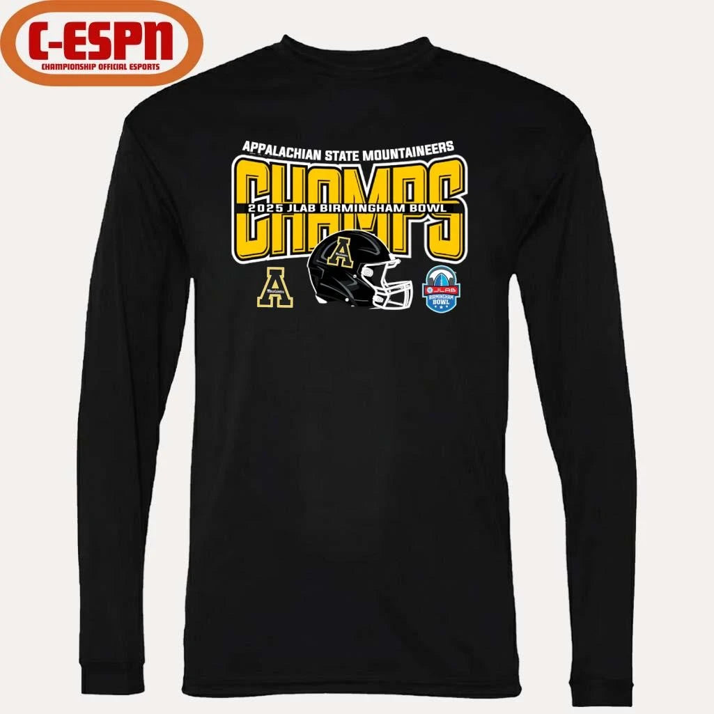 Official Appalachian State Football 2025 JLAB Birmingham Bowl Champions Helmet Shirt