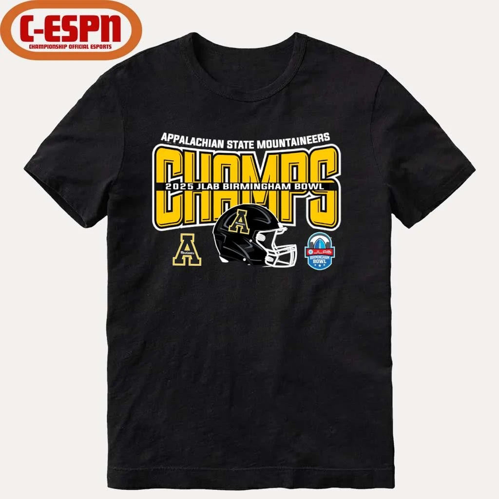 Official Appalachian State Football 2025 JLAB Birmingham Bowl Champions Helmet Shirt