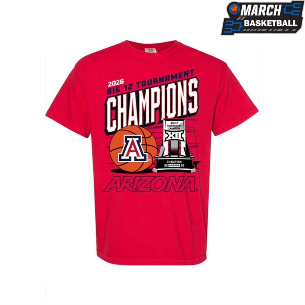Official Arizona Wildcats 2026 Big 12 Men’s Basketball Tournament Champions Trophy T-Shirts