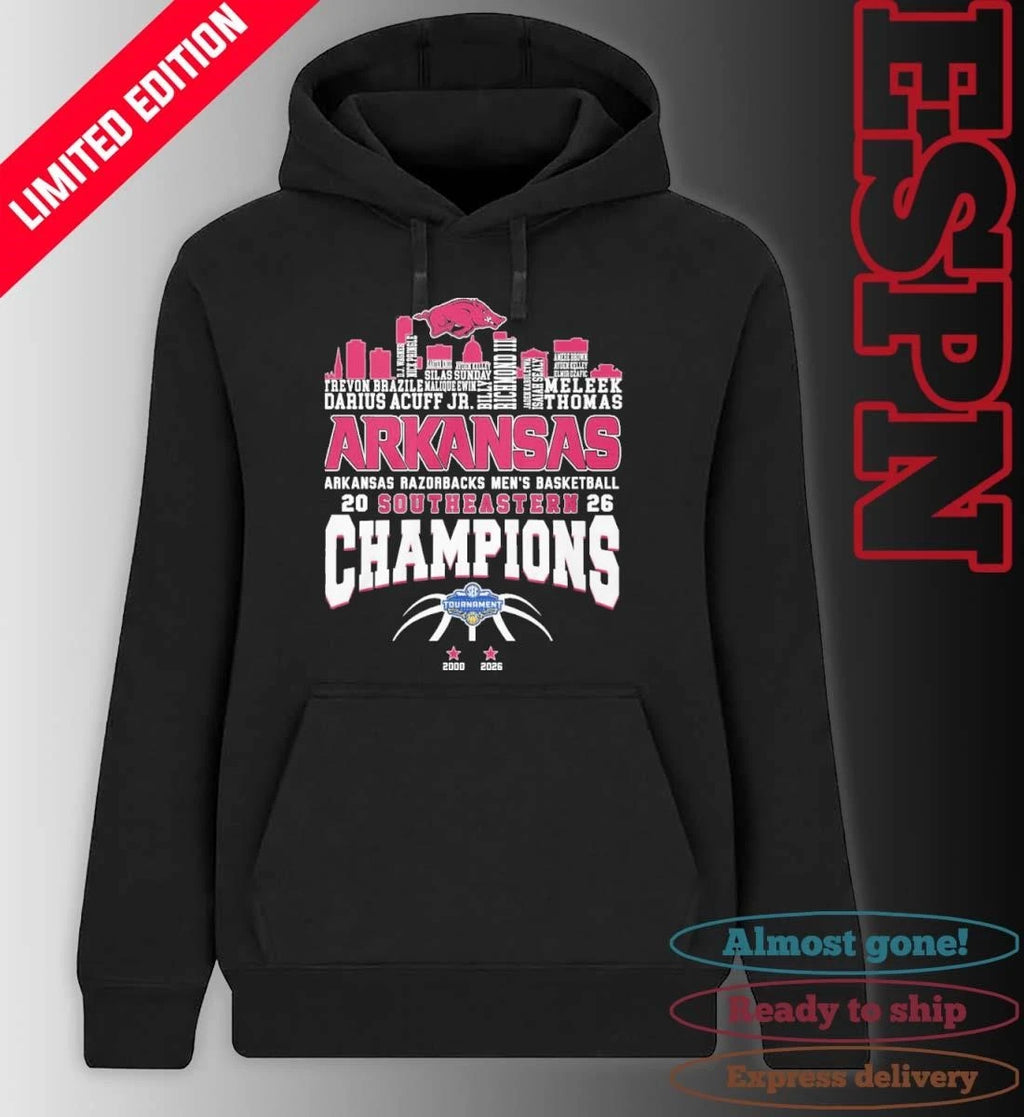 Official Arkansas Men’s Basketball 2026 SEC Conference Champions Skyline Player Name Shirt