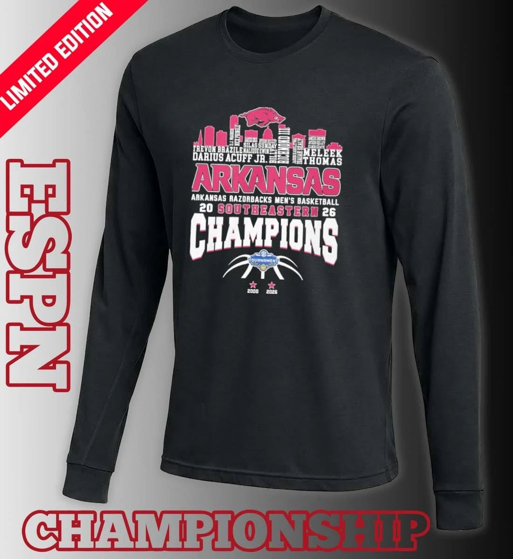 Official Arkansas Men’s Basketball 2026 SEC Conference Champions Skyline Player Name Shirt