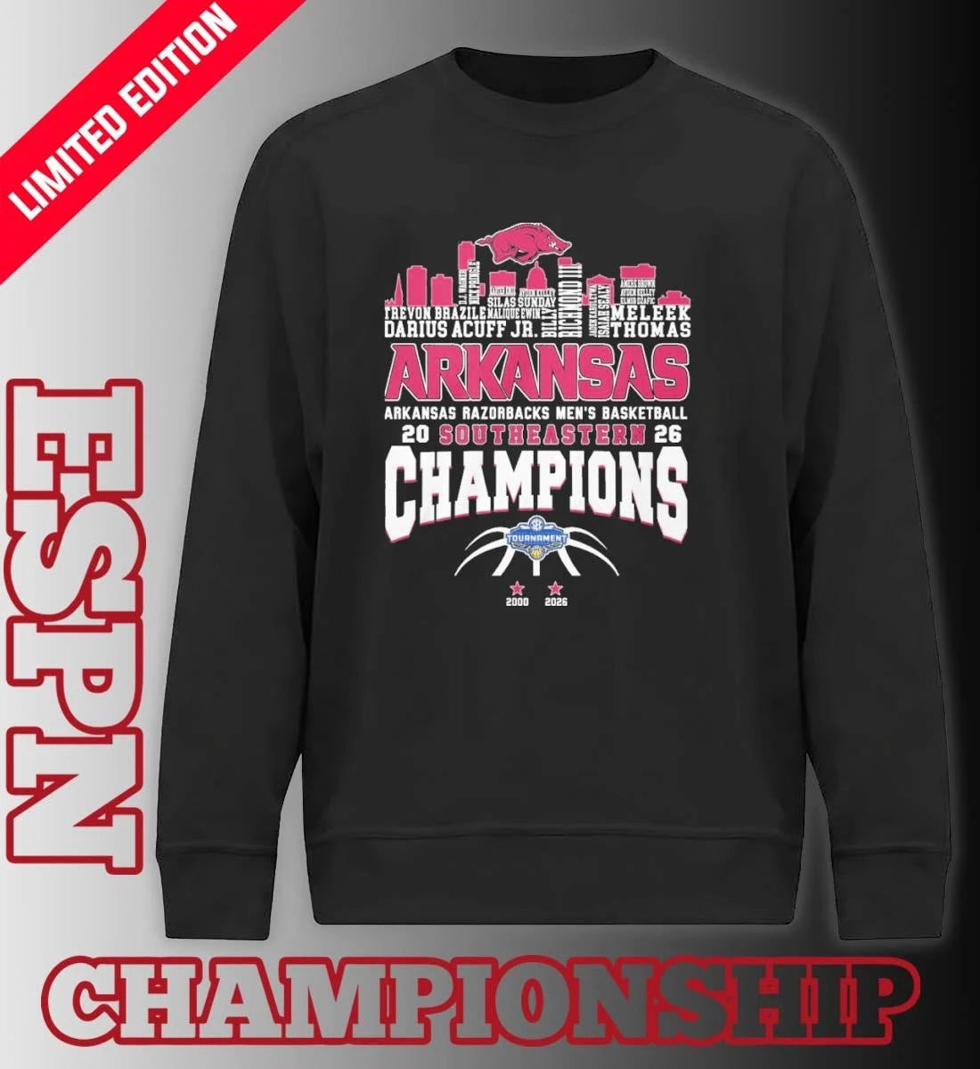 Official Arkansas Men’s Basketball 2026 SEC Conference Champions Skyline Player Name Shirt