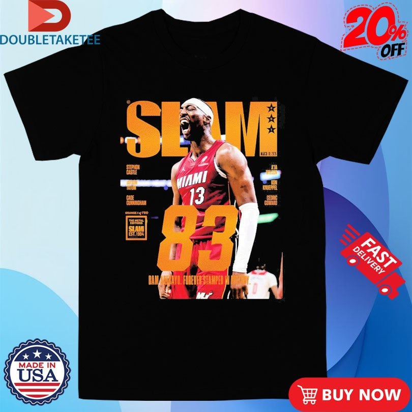 Official Bam Adebayo Miami Heat On The Cover Of Slam 261 83 Points Forever Stamped In History Orange Metal Shirts