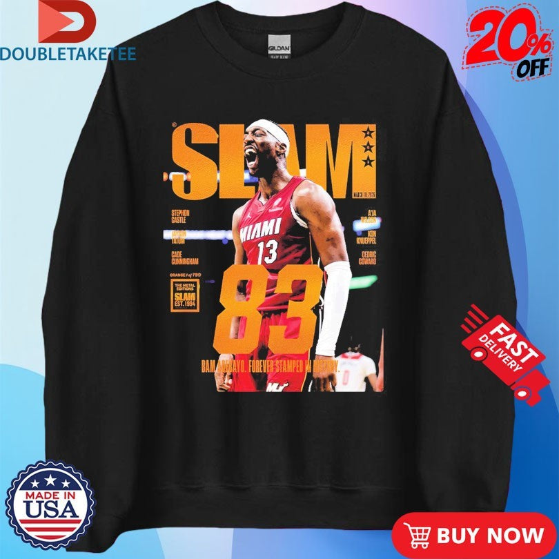 Official Bam Adebayo Miami Heat On The Cover Of Slam 261 83 Points Forever Stamped In History Orange Metal Shirts