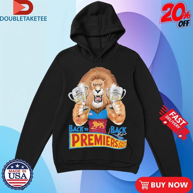 Official Brisbane Lions 2025 Back To Back Premiers Mark Knight Mascot Trophy Shirts