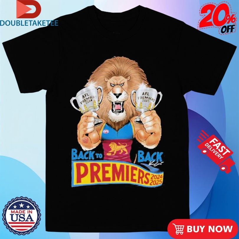 Official Brisbane Lions 2025 Back To Back Premiers Mark Knight Mascot Trophy Shirts