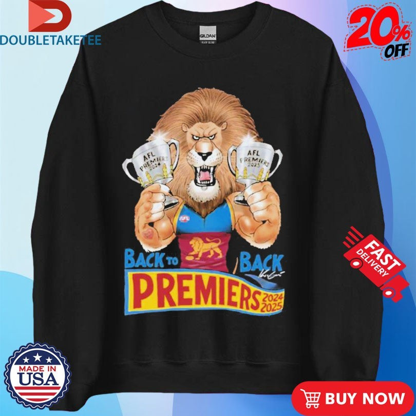 Official Brisbane Lions 2025 Back To Back Premiers Mark Knight Mascot Trophy Shirts