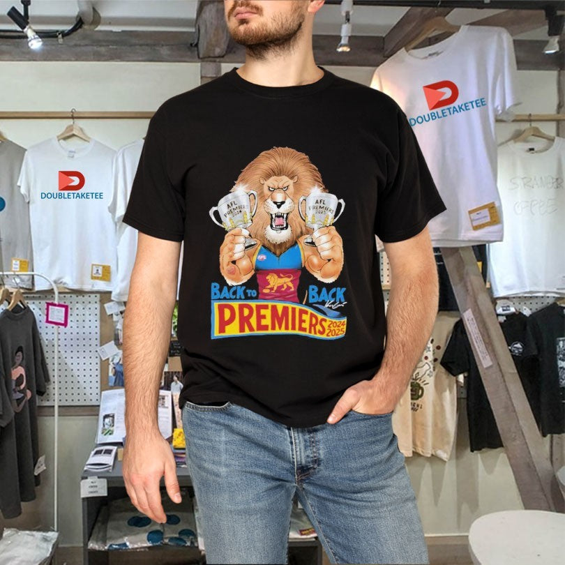 Official Brisbane Lions 2025 Back To Back Premiers Mark Knight Mascot Trophy Shirts