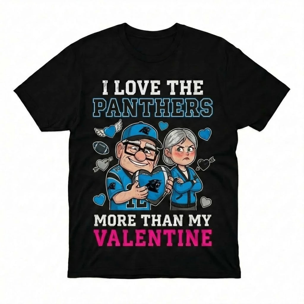 Official Carl And Ellie Fredricksen I Love The Carolina Panthers Up Movie I Love The Panthers More Than My Valentine Logo T-Shirt