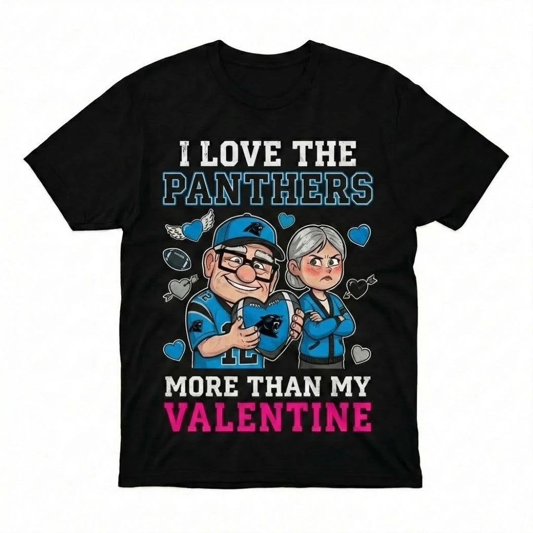 Official Carl And Ellie Fredricksen I Love The Carolina Panthers Up Movie I Love The Panthers More Than My Valentine Logo T-Shirt