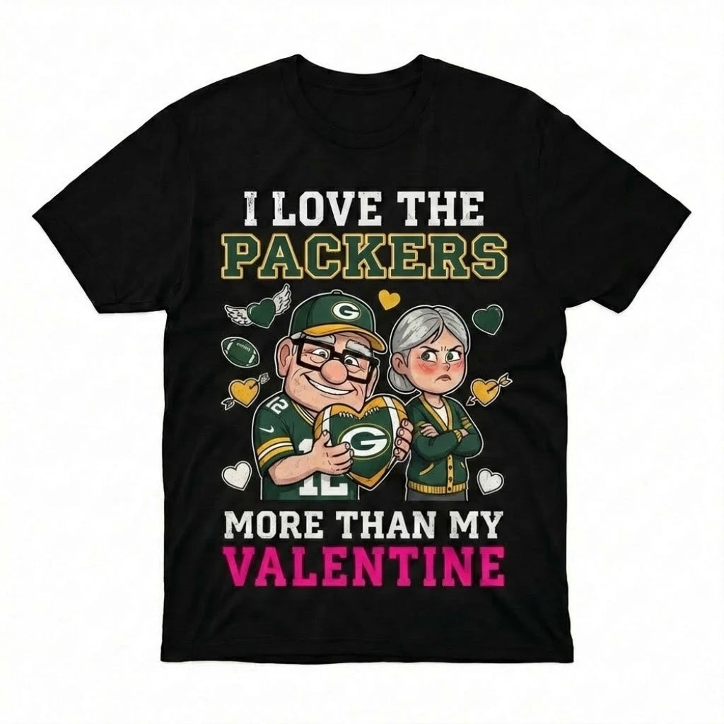 Official Carl And Ellie Fredricksen I Love The Green Bay Packers Up Movie I Love The Packers More Than My Valentine Logo T-Shirt