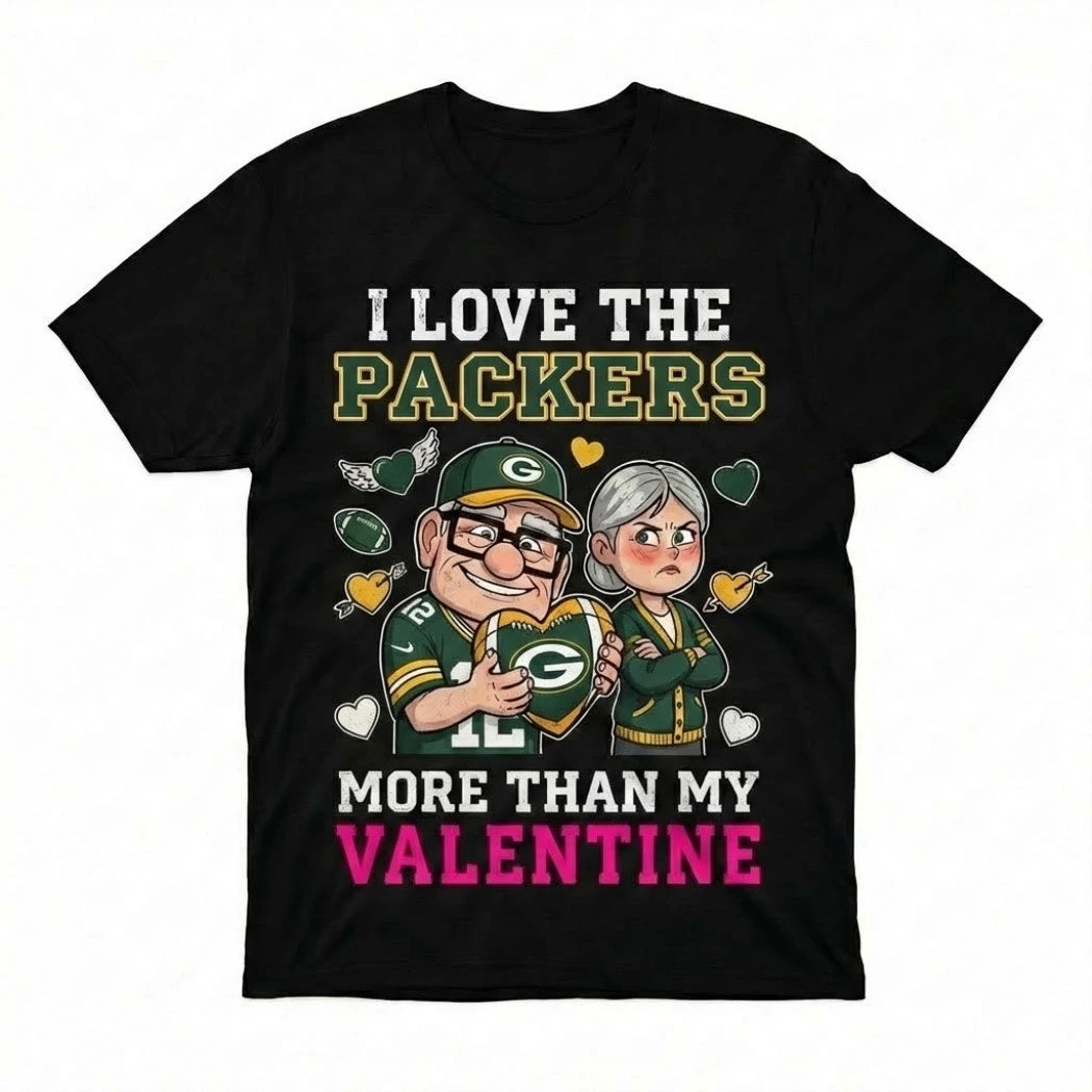 Official Carl And Ellie Fredricksen I Love The Green Bay Packers Up Movie I Love The Packers More Than My Valentine Logo T-Shirt
