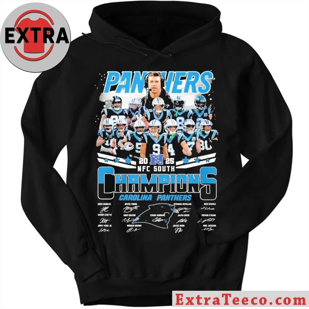 Official Carolina Panthers 2023-2025 NFC South Champions t-shirt featuring player images and signatures