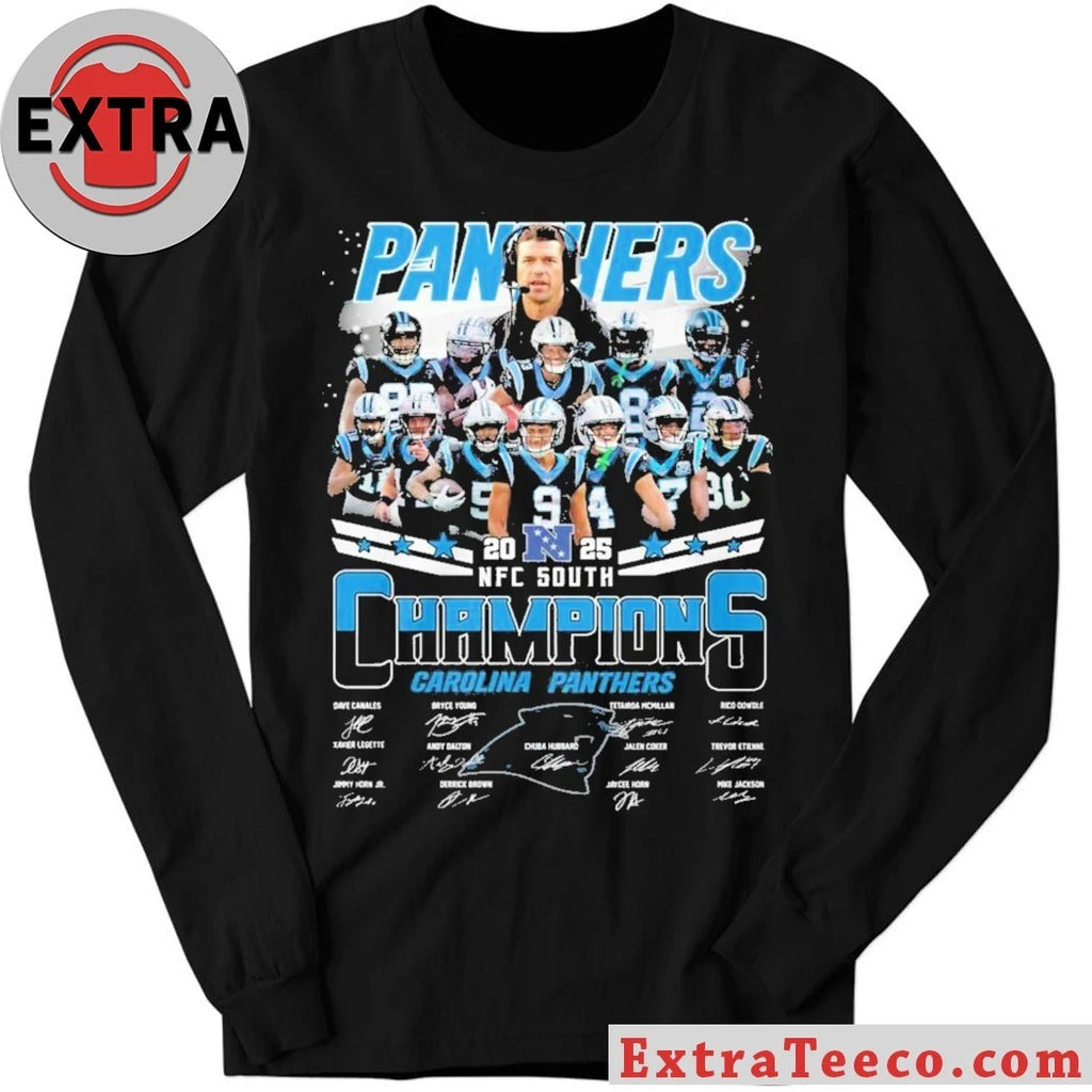 Official Carolina Panthers 2023-2025 NFC South Champions t-shirt featuring player images and signatures