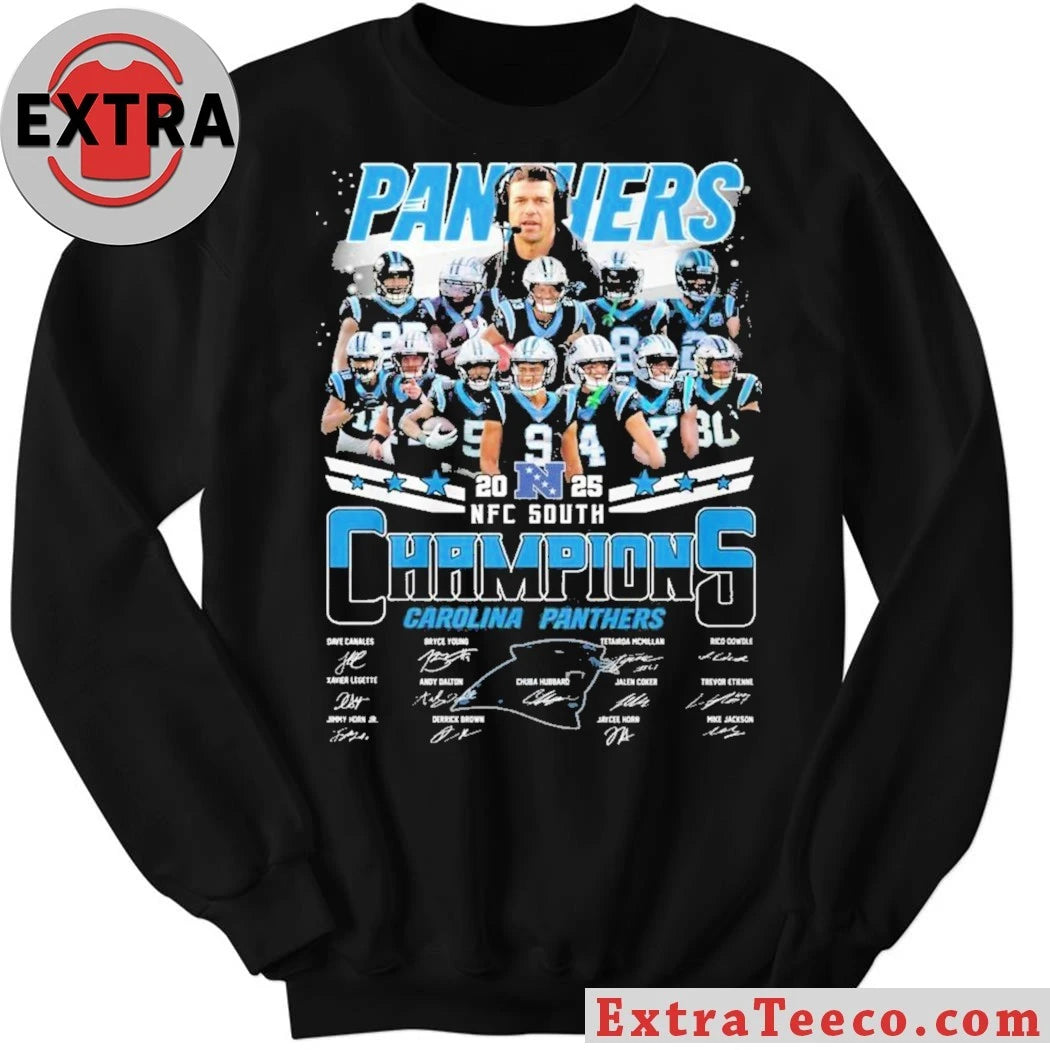 Official Carolina Panthers 2023-2025 NFC South Champions t-shirt featuring player images and signatures