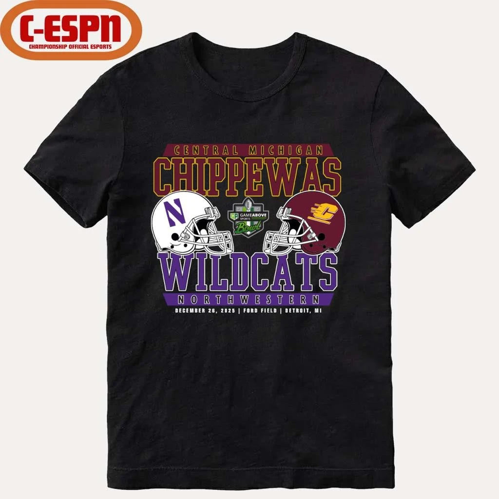 Official Central Michigan Vs Northwestern 2025 GameAbove Sports Bowl Dueling Helmets Shirt
