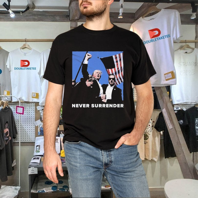 Official Charlie Kirk Never Surrender Trump Fight Mugshot USA Flag T-shirts