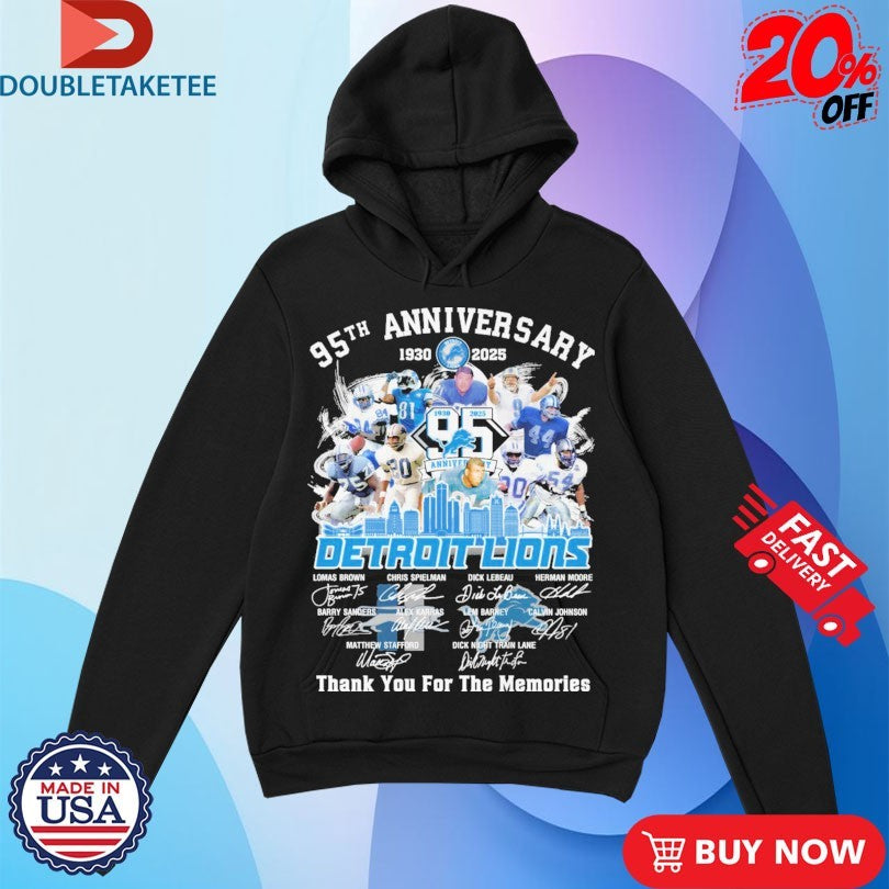 Official Detroit Lions 95th Anniversary 1930-2025 Thank You For The Memories Signatures Shirts